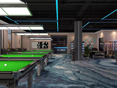 Modern Stylish Billiard Room Interior With Green Pool Tables Blue Ceiling Lights And Patterned Carpet 3d model