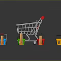 Multicolored Shopping Equipment With Carts Baskets And Paper Bags