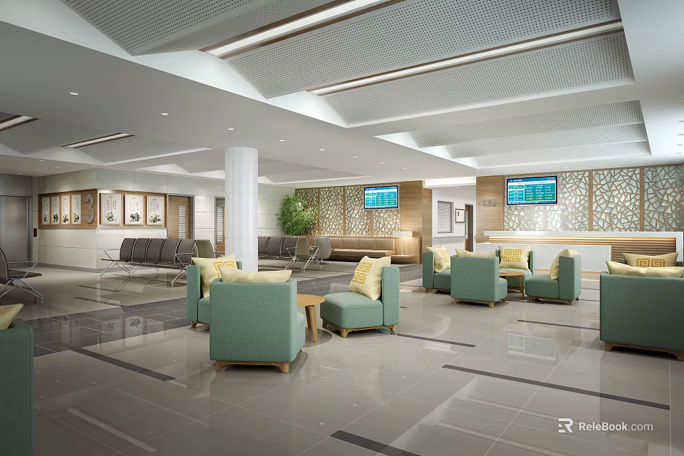 Lobby Interior With Green Sofas Yellow Cushions Large Screen TVs White Pillars And Light Flooring 3d model 