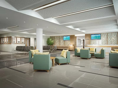 Lobby Interior With Green Sofas Yellow Cushions Large Screen TVs White Pillars And Light Flooring 3d model