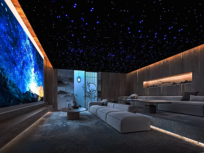 Modern Home Theater With Starry Sky Ceiling Large Projection Screen Ambient Lighting And Comfortable Sofas 3d model