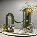 Elegant Floral Display Decoration With Green Arch Lanterns Lotus Flowers Vines And Gold White Blooms