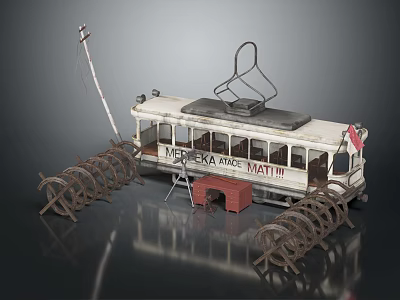 Vintage Moskva Fare Vatin Tram Model With Barbed Wire Barriers Utility Pole And Red Platform 3d model