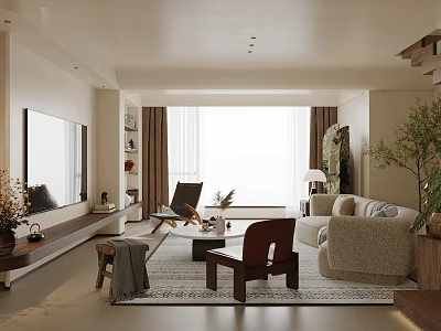 Neutral Toned Living Room Interior With Beige Sofa TV Rug Large Window And Green Plants 3d model