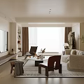 Neutral Toned Living Room Interior With Beige Sofa TV Rug Large Window And Green Plants