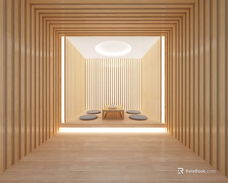 Modern Zen Sauna Interior With Wooden Striped Walls Central Table And Cushions 3d model 