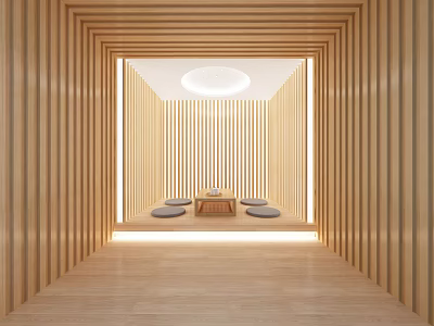 Modern Zen Sauna Interior With Wooden Striped Walls Central Table And Cushions 3d model