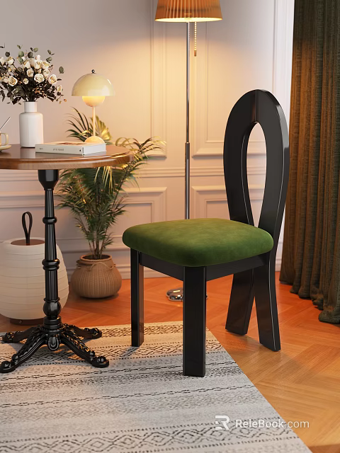 Modern Black Frame Dining Chair With Green Velvet Seat And Unique Curved Back Design 3d model 