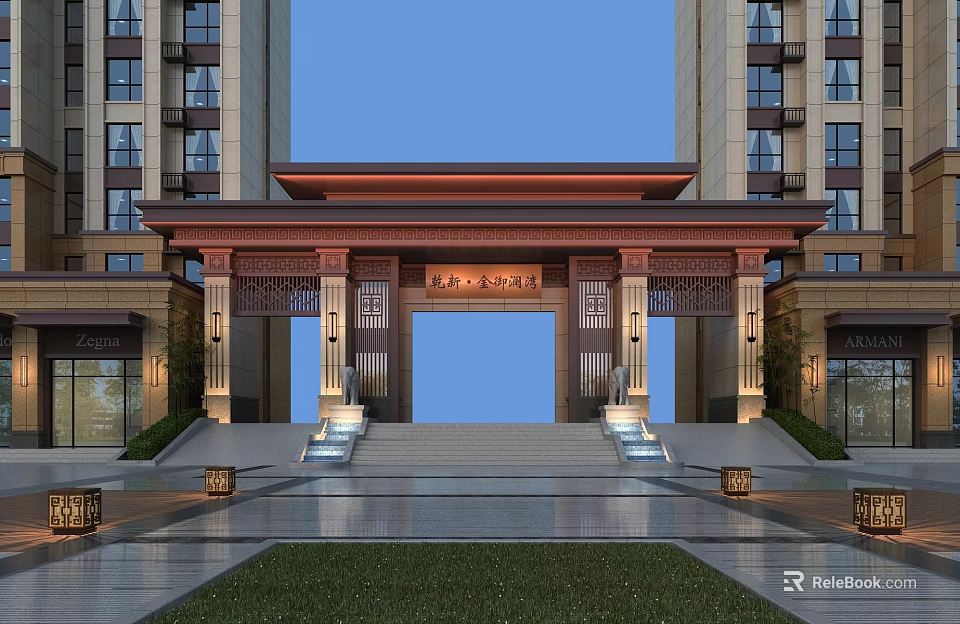 Chinese-style Residential Entrance Gate with High-rise Buildings Ornate Columns Front Steps Paved Ground and Lawn 3d model 
