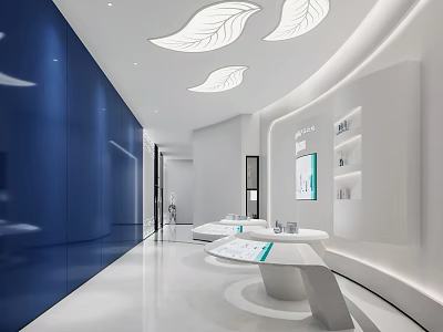 Modern Retail Space Interior With Blue Walls Leaf Shaped Lights And White Display Counters 3d model