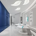 Modern Retail Space Interior With Blue Walls Leaf Shaped Lights And White Display Counters