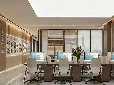 Modern Office Interior With Workstations Computer Monitors White Chairs Glass Partitions And Green Plant 3d model