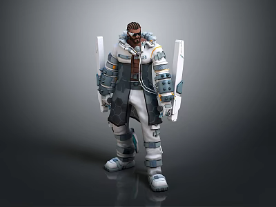 Futuristic Game Character With White Gray Armor And Mechanical Arms Standing Pose 3d model