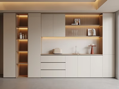 Modern White Sideboard With Drawers Cabinets Open Shelves And Ambient Lighting 3d model