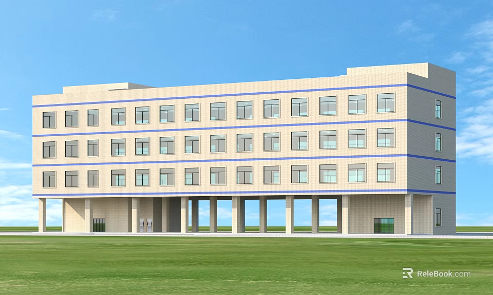 Modern Industrial Factory Building Exterior Design With Large Windows And Green Lawn 3d model 