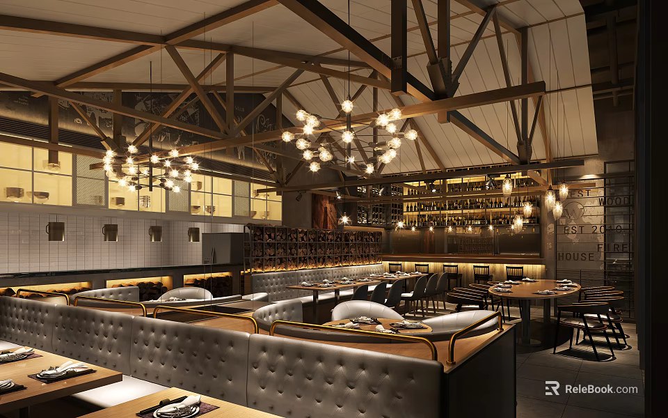 Elegant Restaurant Interior With Wooden Beams Chandeliers Leather Booths And Bar Counter 3d model 