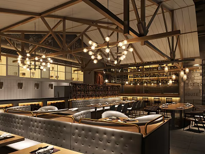 Elegant Restaurant Interior With Wooden Beams Chandeliers Leather Booths And Bar Counter 3d model