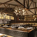 Elegant Restaurant Interior With Wooden Beams Chandeliers Leather Booths And Bar Counter