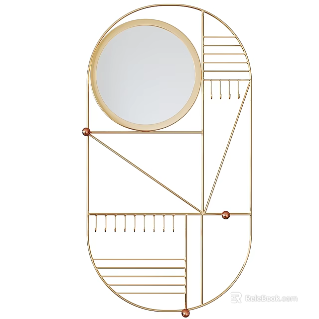 Stylish Modern Gold Frame Geometric Wall Mounted Mirror With Decorative Hooks And Storage Shelves 3d model 