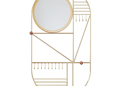 Stylish Modern Gold Frame Geometric Wall Mounted Mirror With Decorative Hooks And Storage Shelves 3d model