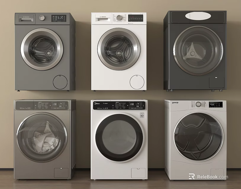 Various Modern Front Load Washing Machines In Different Colors And Styles 3d model