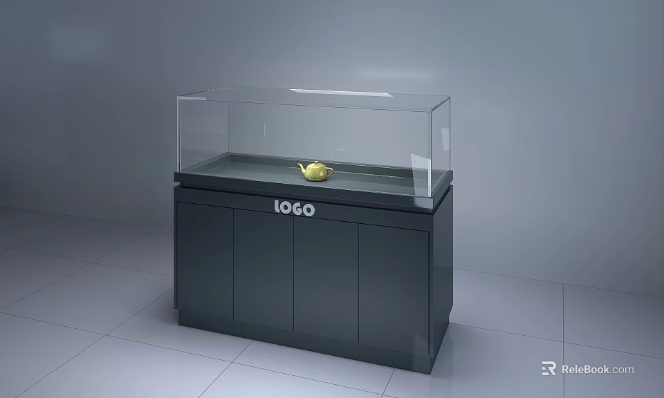 Modern Display Cabinet Shelf With Transparent Glass Cover Yellow Teapot And Black Cabinet Logo 3d model 
