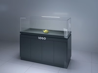Modern Display Cabinet Shelf With Transparent Glass Cover Yellow Teapot And Black Cabinet Logo 3d model