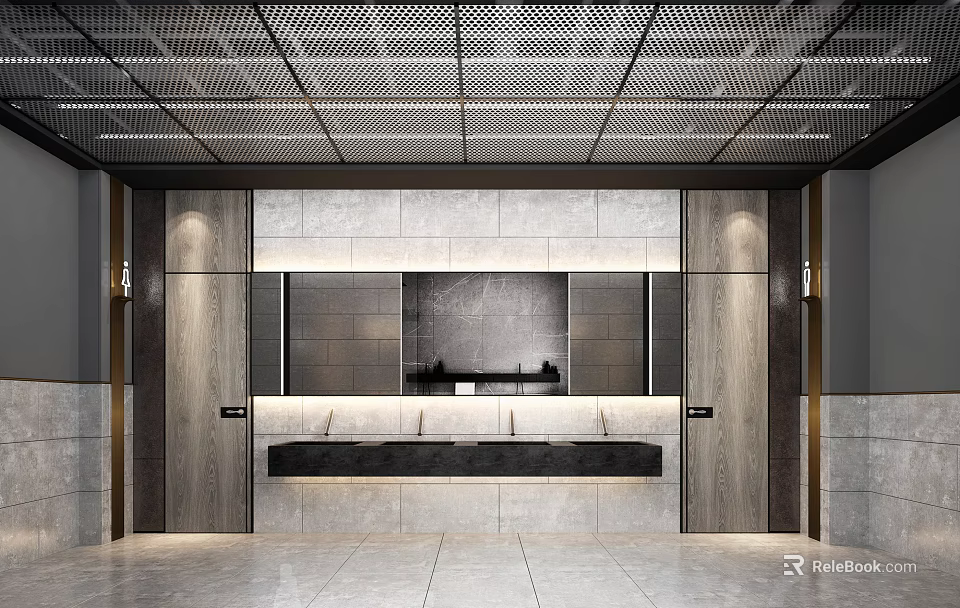 Modern Public Restroom Interior With Marble Counter Multiple Sinks Mirrors And Grid Ceiling 3d model 