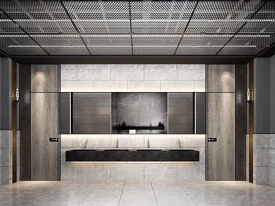 Modern Public Restroom Interior With Marble Counter Multiple Sinks Mirrors And Grid Ceiling 3d model