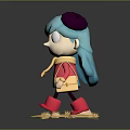 Cartoon Character With Turquoise Hair Purple Beret Pink Top Blue Skirt On Yellow Patterned Base