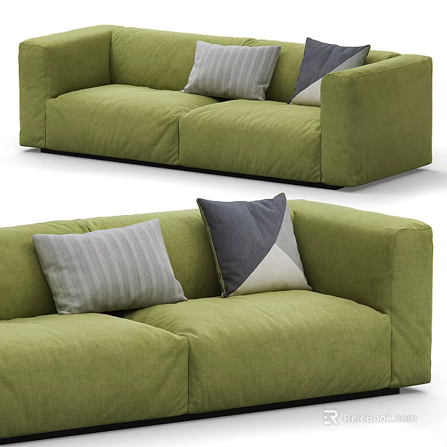 Modern Green Two Seater Sofa With Gray Striped And Blue Geometric Pillows 3d model 