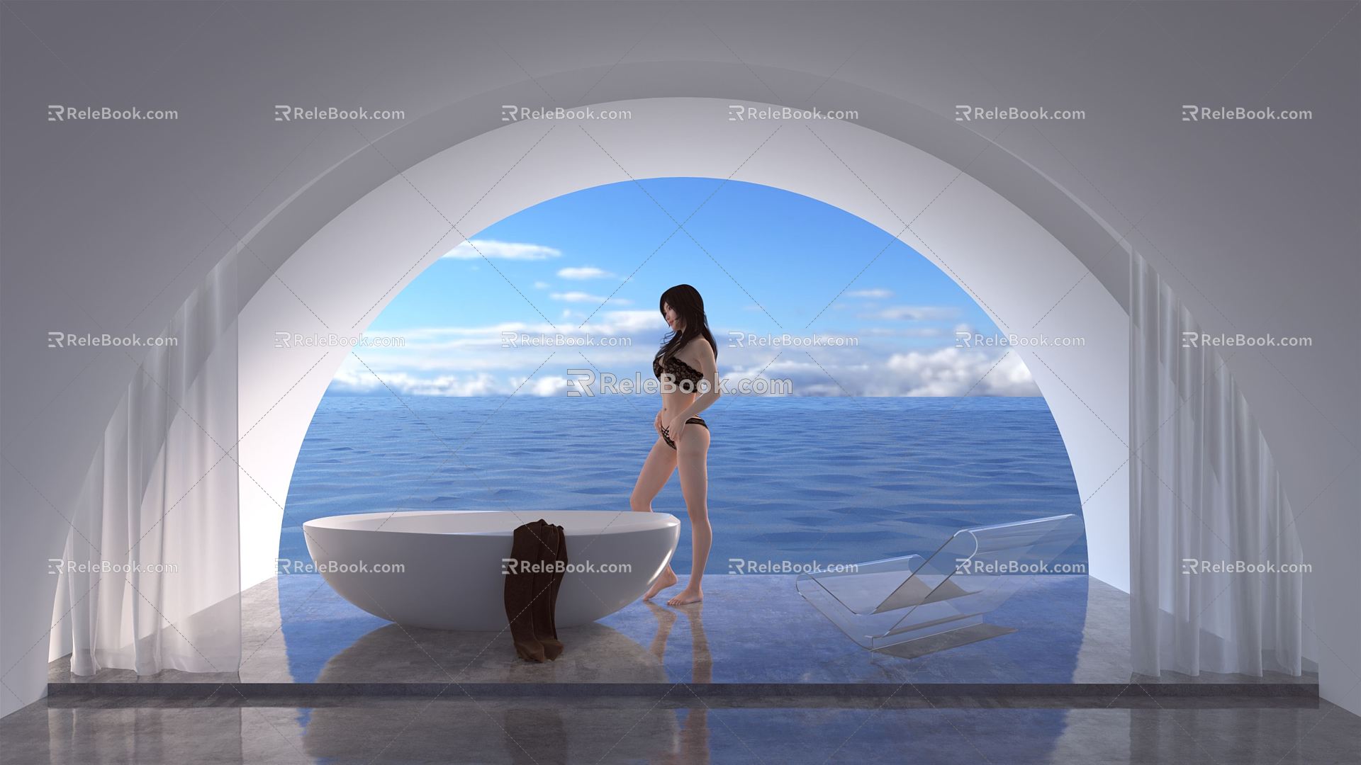 Modern Bathtub with Sea View 3d model