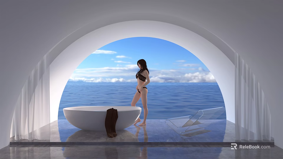 White Bathtub Beside Arched Opening With Blue Sea Sky Clouds Brown Towel And Woman Standing 3d model 