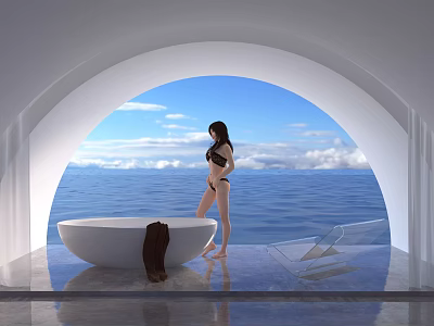 White Bathtub Beside Arched Opening With Blue Sea Sky Clouds Brown Towel And Woman Standing 3d model