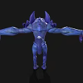Purple Blue Fantasy Creature With Bat Ears Large Eyes Sharp Fangs Outstretched Arms