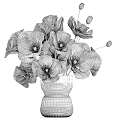 Decorative Ornament Set With Pink Poppy Flowers In Transparent Glass Vase