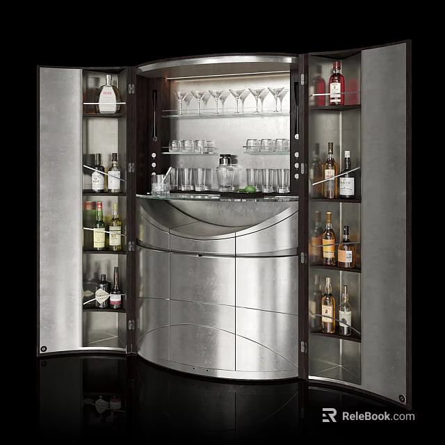 Modern Curved Wine Cabinet With Glass Doors And Multiple Shelves For Bottles And Glasses 3d model 
