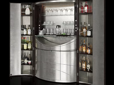 Modern Curved Wine Cabinet With Glass Doors And Multiple Shelves For Bottles And Glasses 3d model
