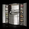 Modern Curved Wine Cabinet With Glass Doors And Multiple Shelves For Bottles And Glasses