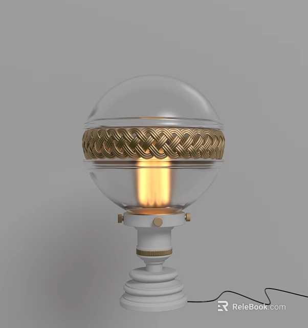 Illuminated Table Lamp With Transparent Spherical Shade Gold Braided Decoration And White Base 3d model 