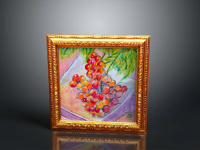 Computer Monitor Displaying Gold Framed Fruit Painting With Green Leaves And Colorful Background 3d model