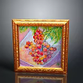 Computer Monitor Displaying Gold Framed Fruit Painting With Green Leaves And Colorful Background