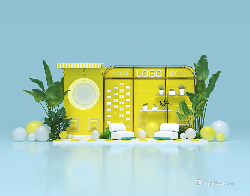 Yellow Display Stand With Logo Green Plants And Decorative Balls 3d model