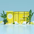 Yellow Display Stand With Logo Green Plants And Decorative Balls 3d model