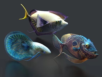 Colorful Aquatic Animals With Yellow Tail Purple Edges Blue Glowing Body And Unique Patterns 3d model