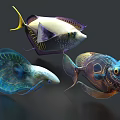 Colorful Aquatic Animals With Yellow Tail Purple Edges Blue Glowing Body And Unique Patterns