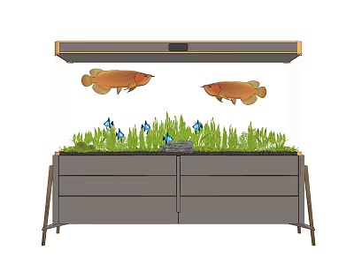 Modern Aquarium with Orange Fish Green Aquatic Plants Blue Decorations Cabinet and Light 3d model