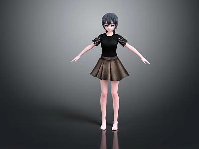 Game and Movie Character With Blue Black Short Hair Blue Eyes Black Lace Sleeve Top Brown Pleated Skirt 3d model