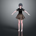 Game and Movie Character With Blue Black Short Hair Blue Eyes Black Lace Sleeve Top Brown Pleated Skirt