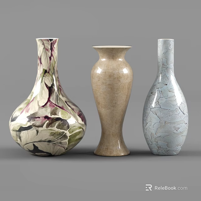 Three Elegant Vases With Floral Patterns Beige Ceramic And Light Blue Crackle Texture Design 3d model 